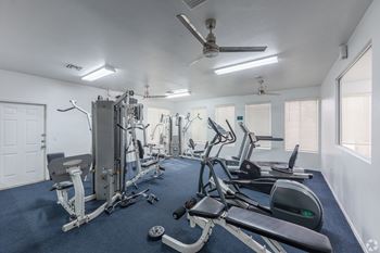 A well-equipped gym with various exercise machines and a blue carpet.